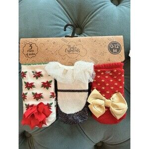 Baby Essentials 4 Pair Socks Assorted Colors 0-12 Months Girls Holiday Christmas